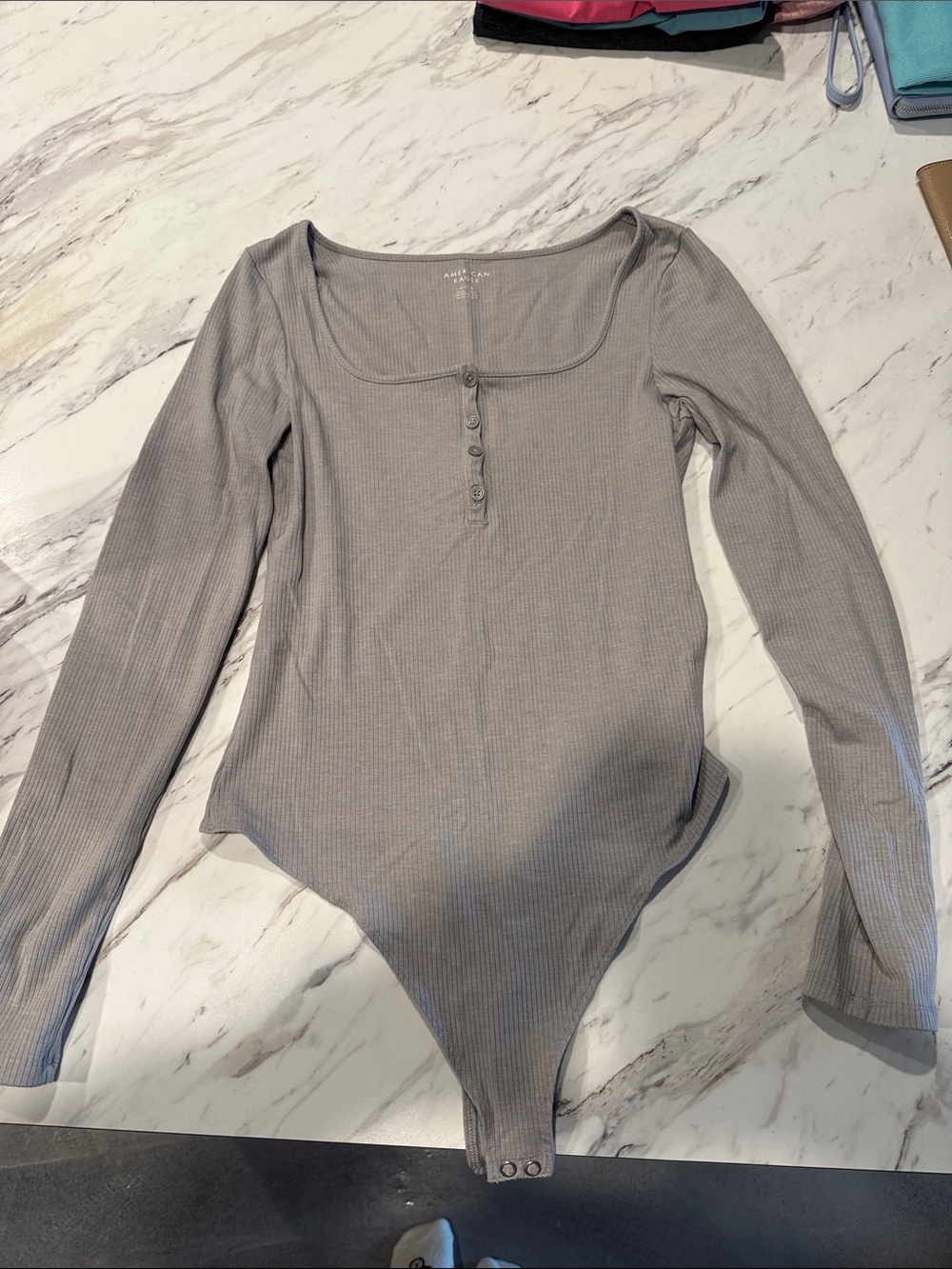 American Eagle Outfitters Gray Ribbed Long-Sleeve Henley Bodysuit